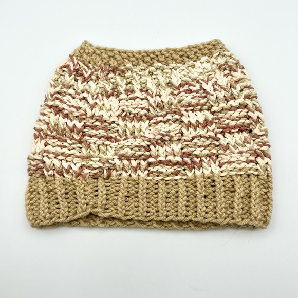 Handmade Knit Messy Bun High Ponytail Beanie Hat Basket Weave Neutral One Size - Picture 4 of 7